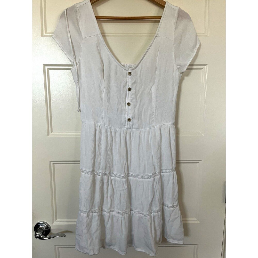 Hollister White Solid Fit & Flare Dress Short Sleeve V-Neck Button Short Large